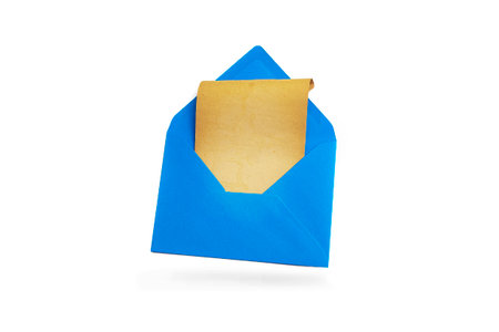 Opened blue  envelope with emerging yellowed paper scroll, isolated on whiteの写真素材