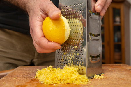 Male chef hands grating a lemon fruit on a stainless steel grater, for lemon zest seasoning, soft focus actionの写真素材