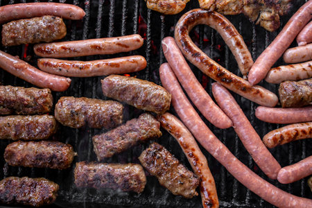 Hot barbeque Romanian style with mititei or mici and sausages, traditional  food.