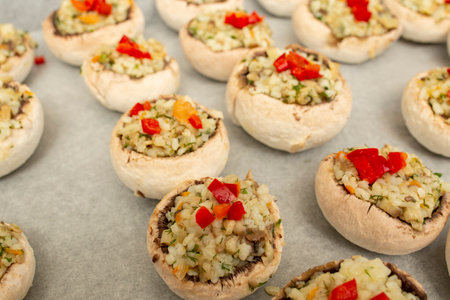 Stuffed champignon mushrooms with rice, parsley and pepperの写真素材