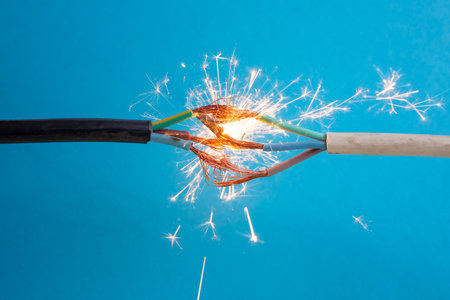 Sparks explosion between electrical cables, on blue background, fire hazard concept, soft focusの写真素材