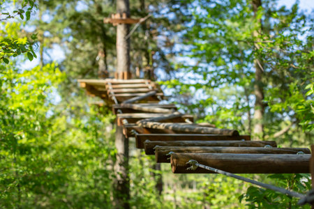 Log bridge hanging high between trees on a obstacle adventure course, defocused  backdropの写真素材