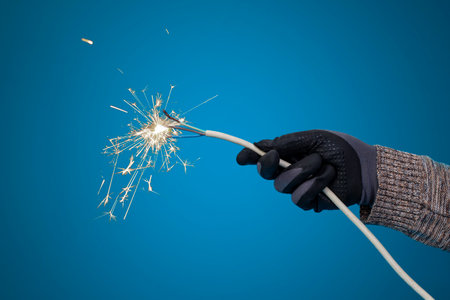 Hands with protection gloves and electric wires, making a controlled explosive short circuit with bright orange sparks on black background,の写真素材
