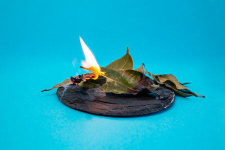 Burning bay leaves pile or sage ,Laurus nobilis, indian traditional remedy for anxiety, soft focusの写真素材