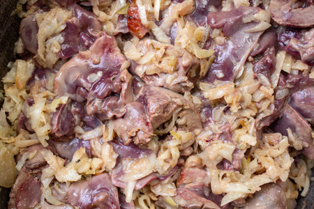 Chicken liver preparation with onion garlic and celery , pate recipe processの写真素材