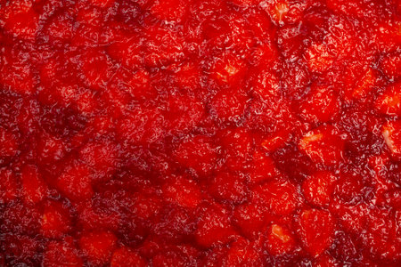 Gelatin layer over strawberry slices structure, abstract culinary  texture