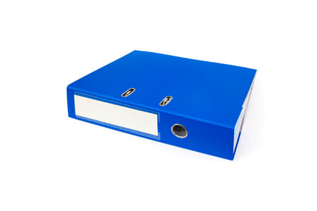 Blue office ring binder for documents and folders, office organization, empty label isolated on whiteの写真素材
