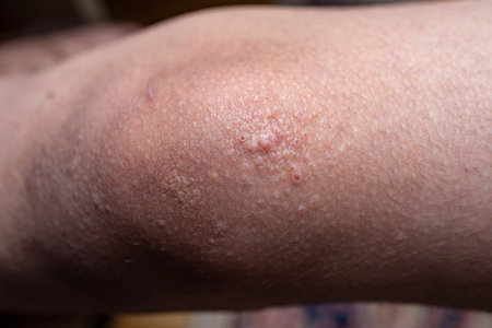 Pustules and scars on a childs knee, soft focus