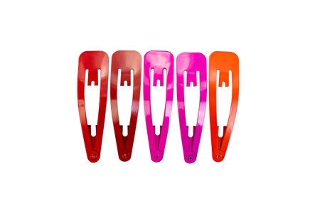 Colorful red and orange metallic hair pins swatches, isolated on whiteの写真素材