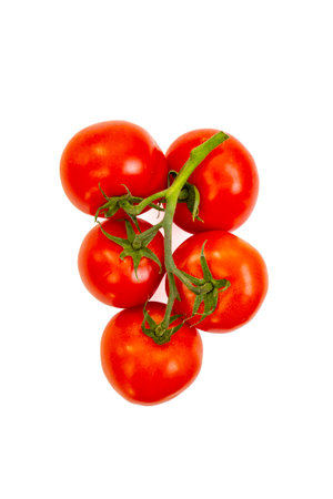 Five red ripe tomato bunch top view close up  isolated on whiteの写真素材