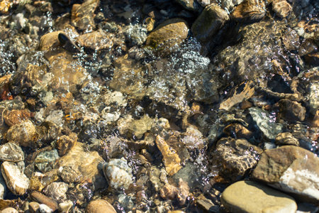 Rapid water stream river close up with sunlightの写真素材