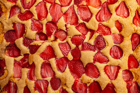 Cooked   sponge cake with strawberry slices, baking process,  backdrop