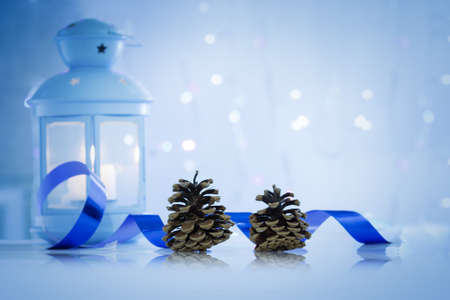 cones and candle on blue backgroundの写真素材