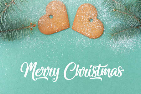 ginger cookies and fir branches on green background