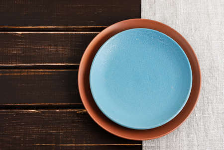 wooden table with canvas tablecloth for backgroundの写真素材