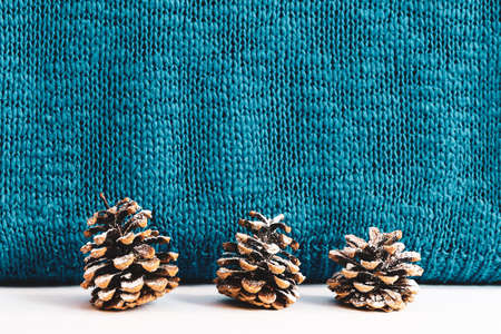 warm blue sweater, cones and paper for Christmas greetingsの写真素材