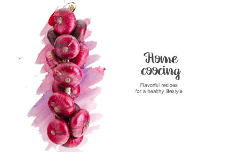 fresh red onions isolated on white backgroundの写真素材