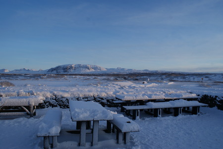 Nature of Iceland, waterfall and panoramic view of Reykjavikの写真素材
