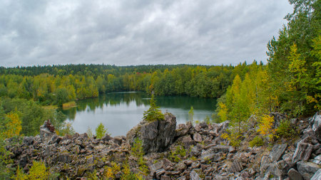 Russian north. The canyon is flooded with water - Ruskeala Park. Gorta, the ancient epic kalevala,...