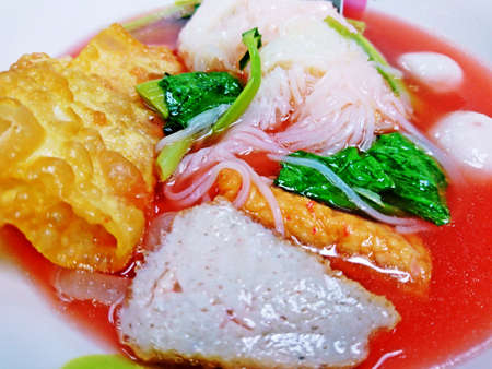 Close up pink seafood flat noodles (Yen Ta Fo )の写真素材
