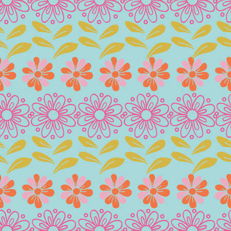 Vector seamless pattern with flowers in rows on a light blue background