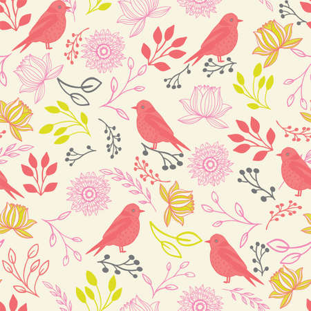 Vector line art birds and flowers seamless patternのイラスト素材