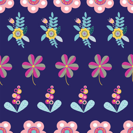 Vector folk floral motifs seamless pattern on dark blue.のイラスト素材
