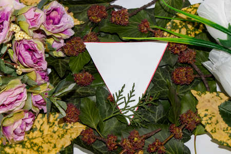 lots of flower and leaves beautifully arranged and triangle cards of white copy space, beautiful natural spring compositionの写真素材