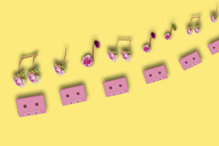pink retro audio cassettes above them musical notes creatively combined from flowers, creative art...