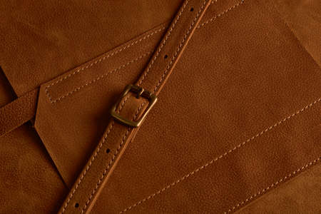 Background genuine leather of red color, brass buckles