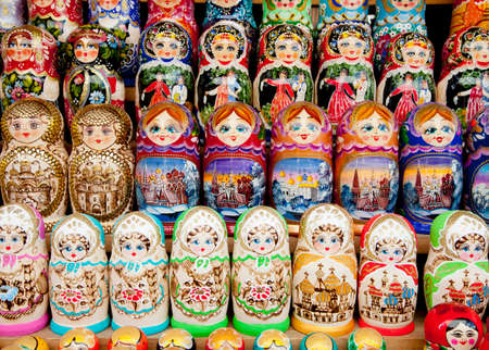 Colourful Matreshki on a shop window. Russian classics. Souvenir