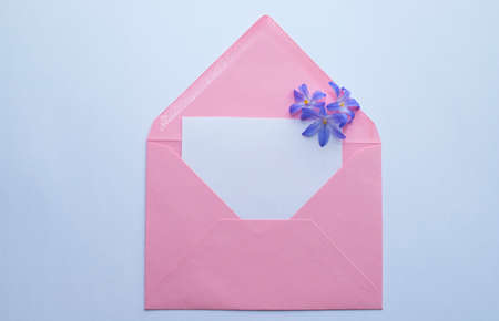 Open envelope with blank card and blue flowers.の写真素材