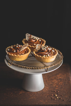 Homemade chocolate tartlets on a dark background. selective focus.の写真素材