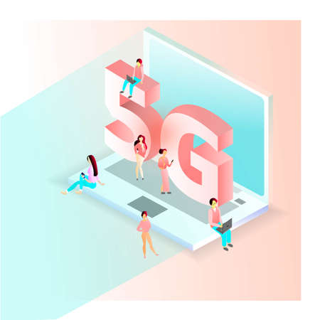 Isometric 5G network illustration. People with gadgets.