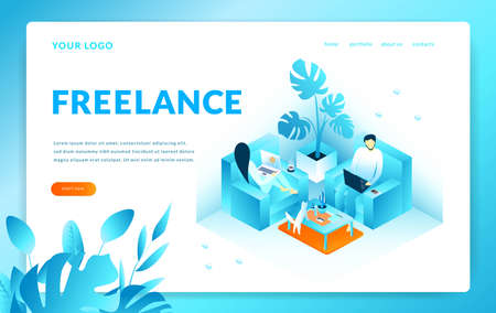 Man and woman sitting on the armchairs works with computer, Freelance. Modern template for landing page. Web page, isometric vector illustrationのイラスト素材