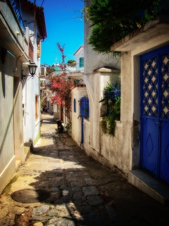 Retro, historic houses and beautiful streets, Greeceの写真素材
