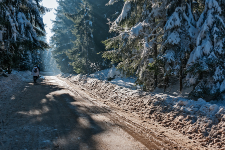 Photography in the mountains in winter. Beautiful blue sky and mountains in the snow. The road, Which roam the people.の写真素材