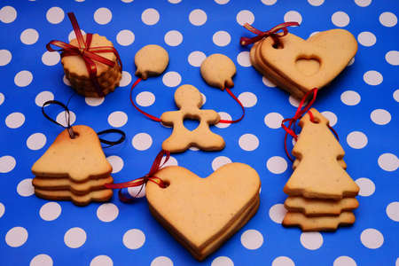 Cookies on blue dotted backgroundの写真素材