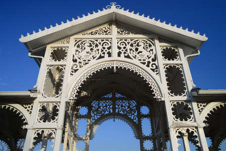 White wooden arbor with clear sky backgroundの写真素材