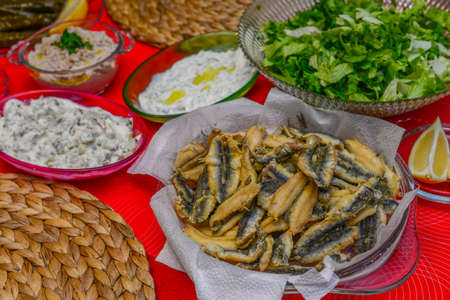 Hamsi fish and appetizers homemade wood backgroundの写真素材