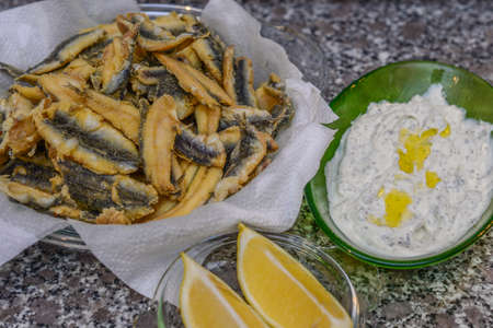 Hamsi fish and appetizers homemade wood backgroundの写真素材