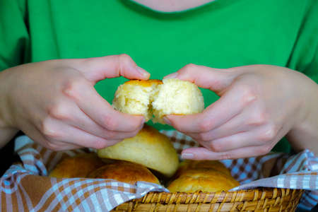 Home made bread in handの写真素材