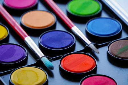 Water color and brushes close upの写真素材