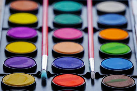 Water color and brushes close upの写真素材