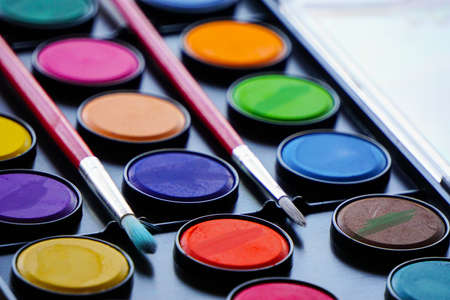 Water color and brushes close upの写真素材