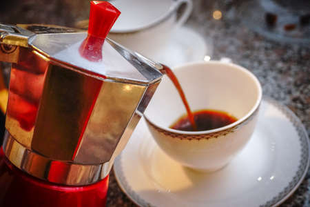 Flat White Coffee preparation at homeの写真素材