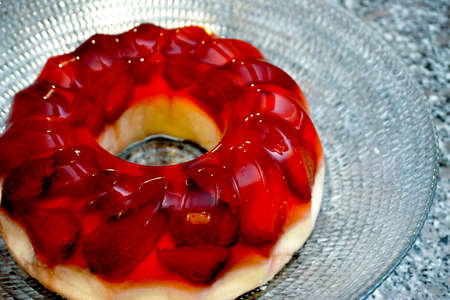 Strawberry cake with gelatin close up viewの写真素材