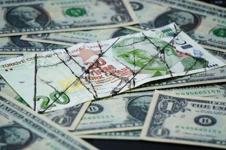 Turkish lira devaluation cracks on  turkish liraの写真素材