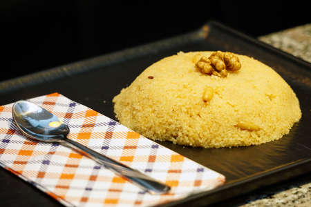 Homemade prepared semolina helva dessert close up viewの写真素材