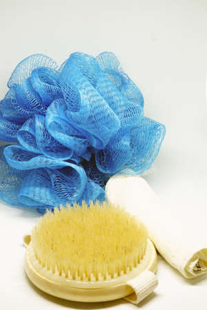 Bath Glove fibre and pouch on white isolated backgroundの写真素材